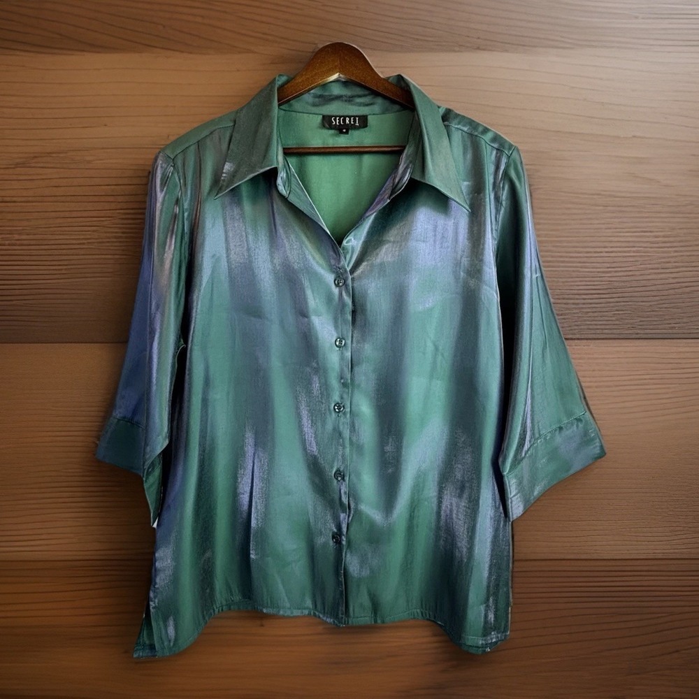 Luminous Silky Blouse XL/18 Teal Green Blue Purple 3/4 Sleeve Collared Statement